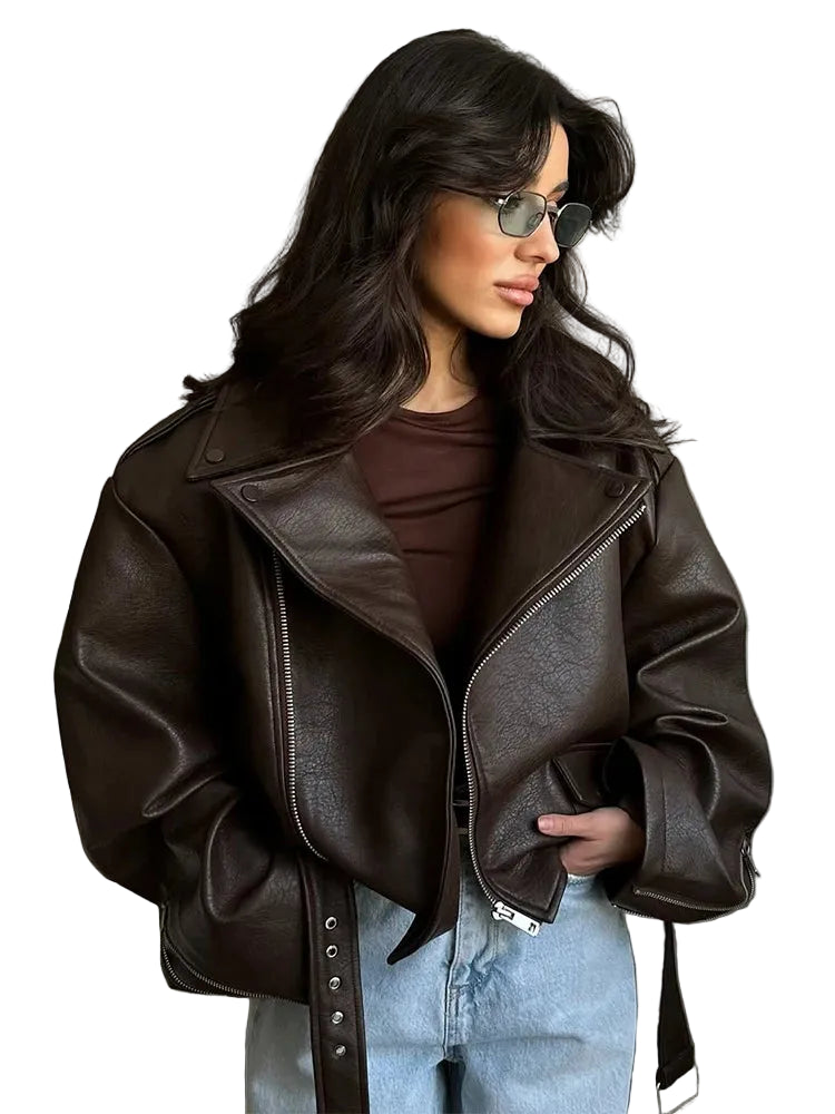 Headline Belted Biker – Chocolate vegan leather jacket