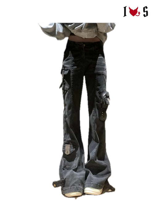 After Dark cargo flare jeans in washed black