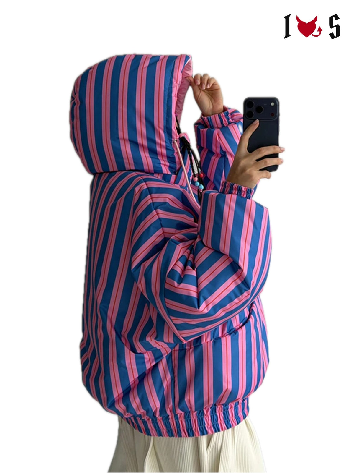 Double Trouble Reversible Puffer in pink and blue stripe