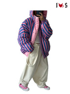 Pink and blue stripe puffer, full outfit