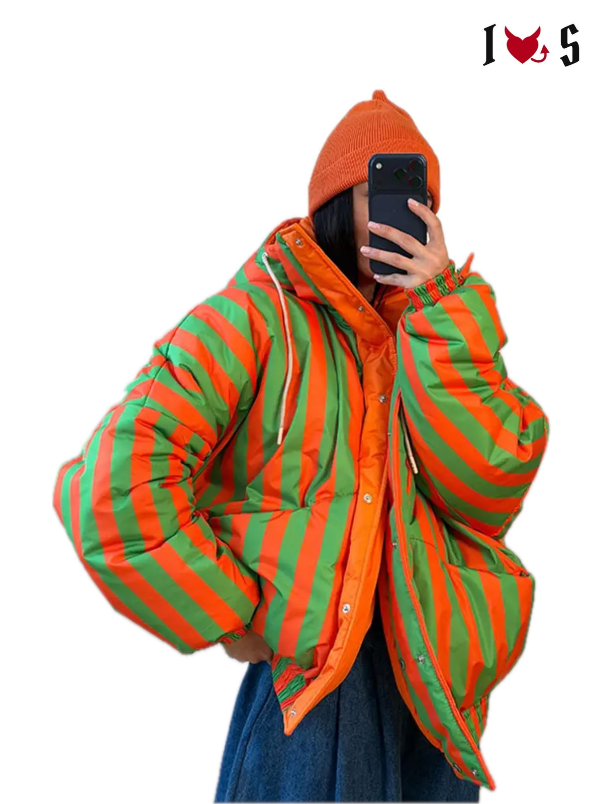 Double Trouble Reversible Puffer in green and orange stripe