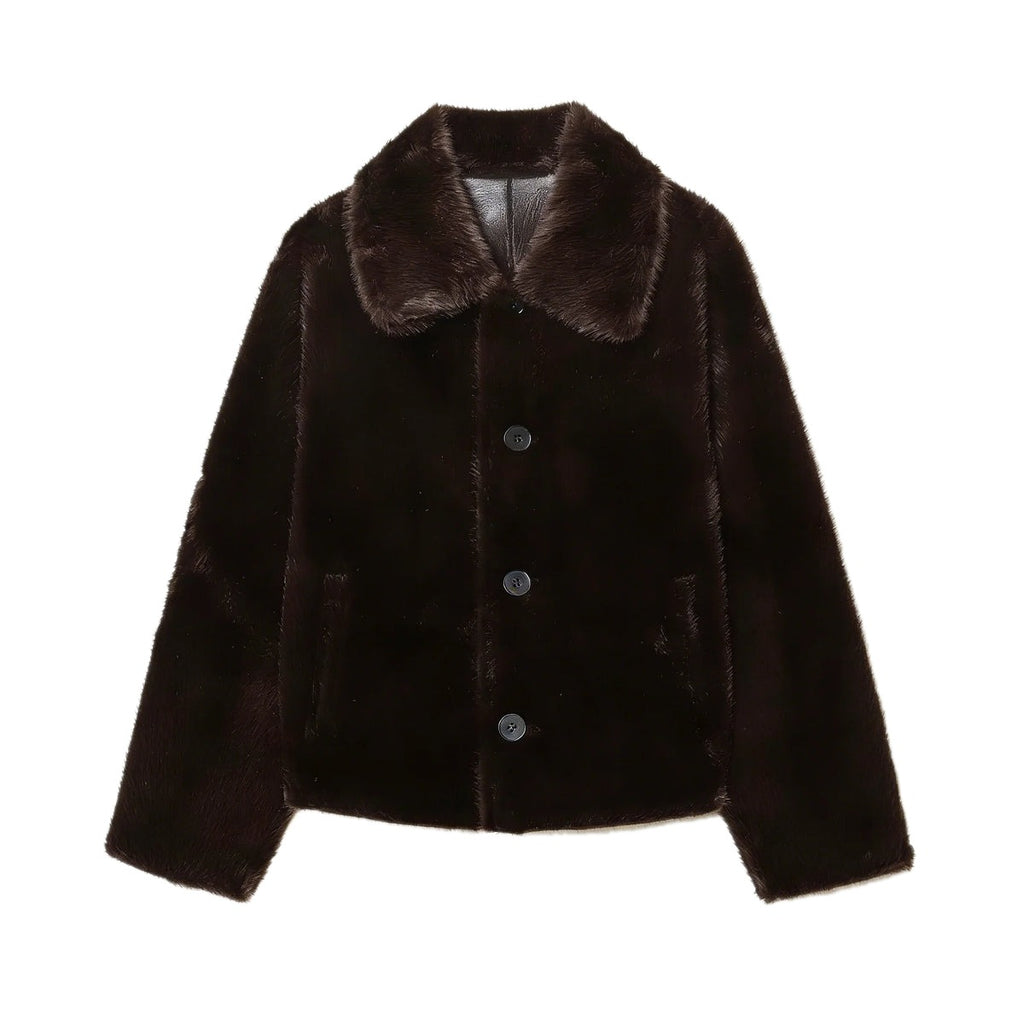 Getaway Reversible Jacket Dark Brown - reversed faux fur side