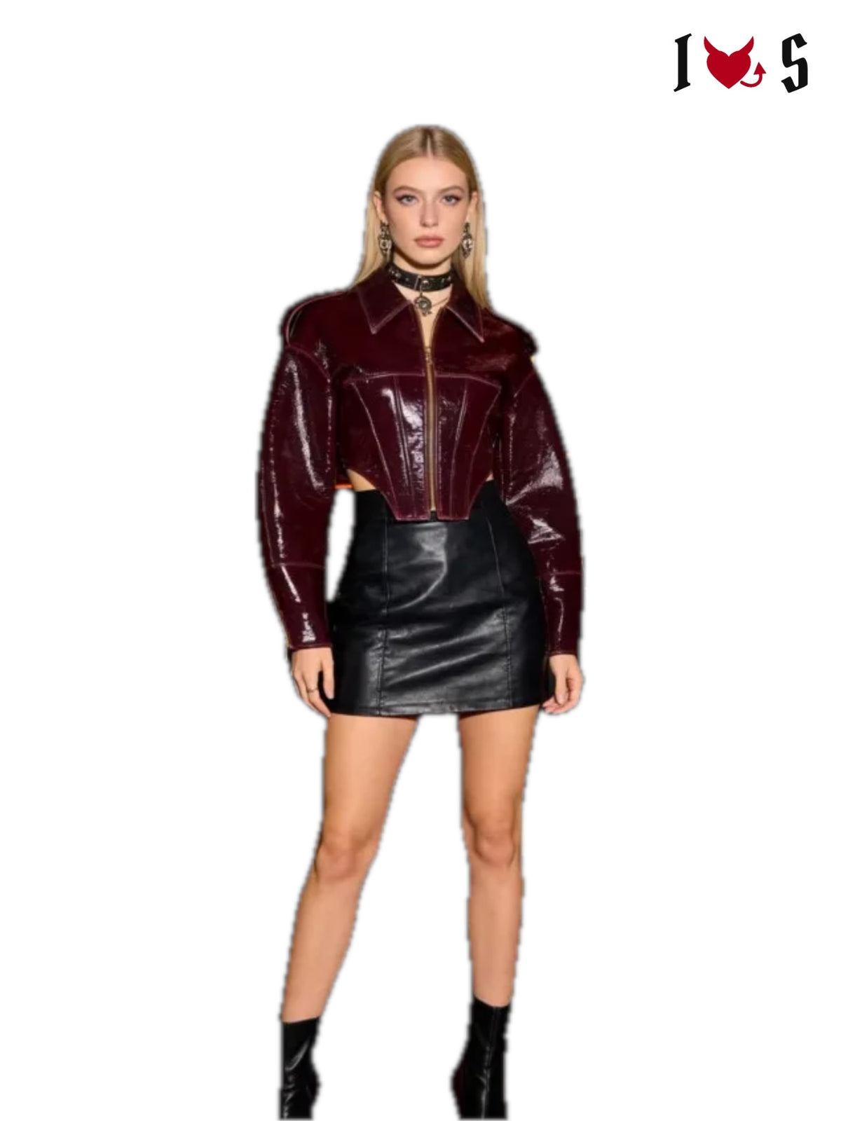 Vixen Cropped Corset Jacket in burgundy, styled with a black mini skirt