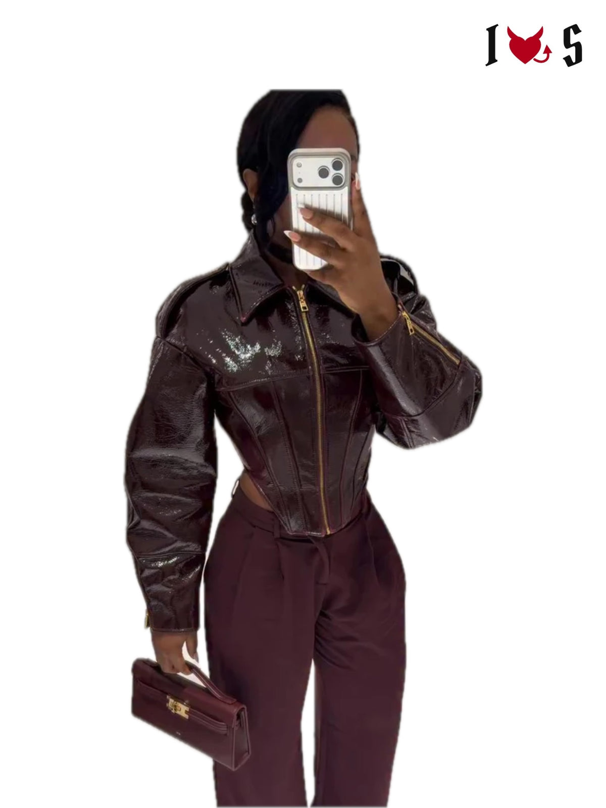 Burgundy Vixen jacket mirror selfie with wide trousers
